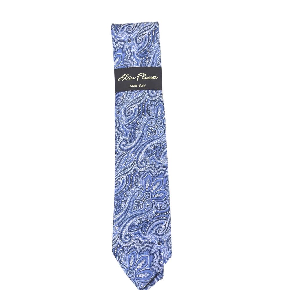 Alan Flusser Mens Necktie 100% Silk Blue Paisley Handmade Patterned Suit Tie